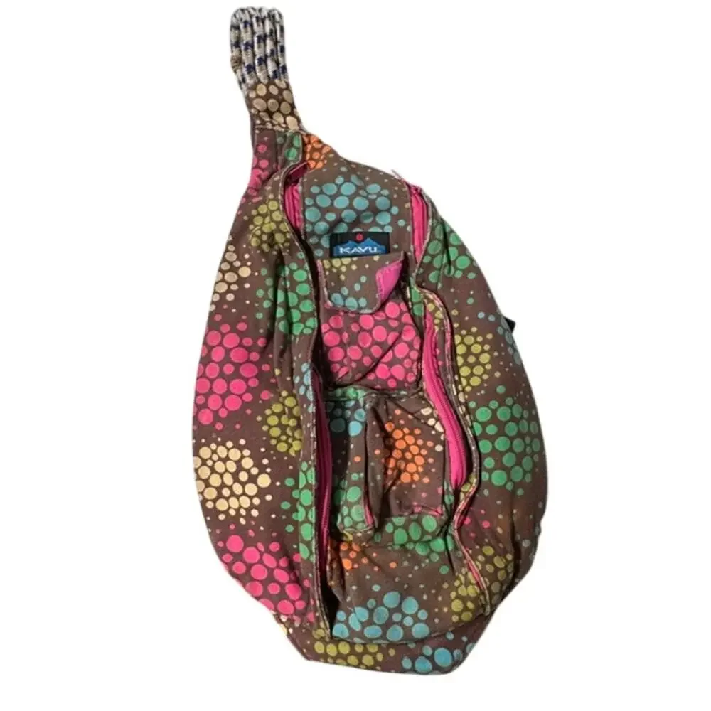 KAVU Rope Bag Sling Backpack Brown Multi Dot Canvas Crossbody Travel Hiking OS